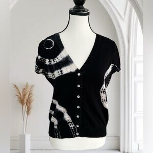 INC International Concepts Black and White tie-dye, short sleeve V-Neck Cardigan
